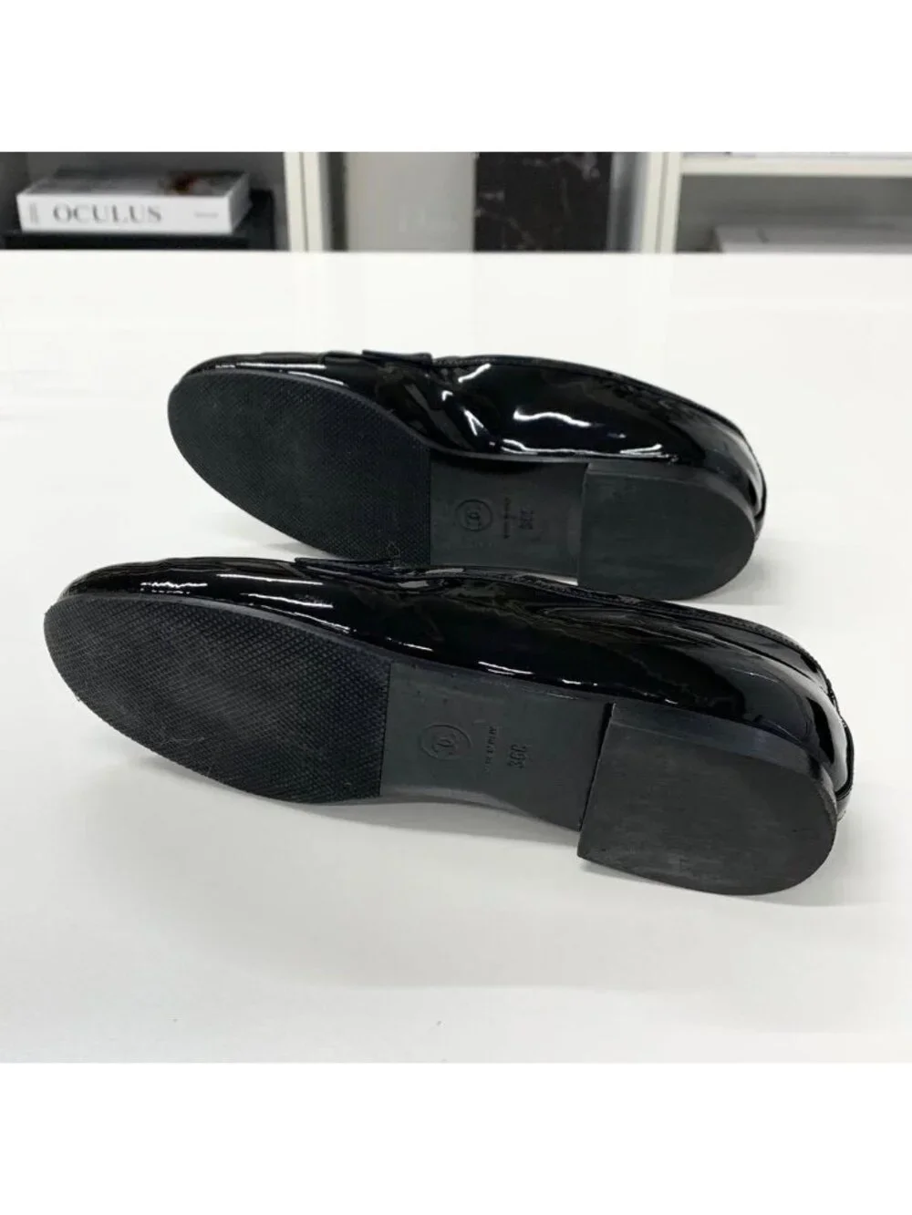 Chanel CC Logo Patent Rhinestone Pearl Loafers Black
